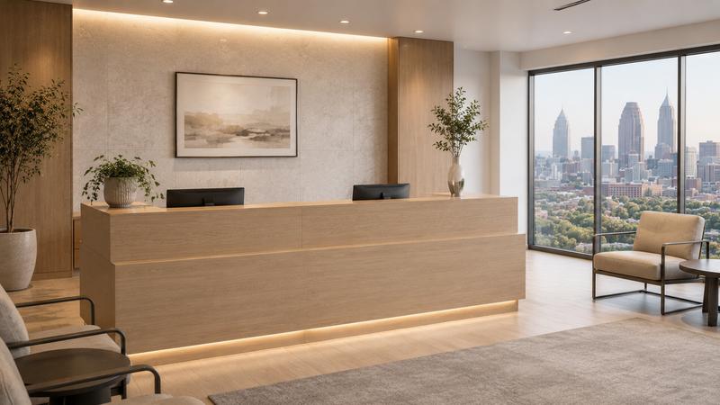 Reception desk assembled and installed in a commercial lobby